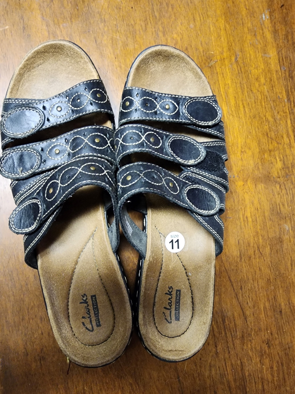 Clarks Black Multi-Strap Leather Slide Sandals
